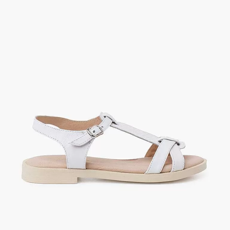 Hot Pisamonas Sandalias Niña De Piel Suave Con Tira Central Trenzada