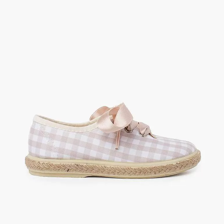Store Pisamonas Zapatillas Cuadros Vichy Y Yute Cordones Raso